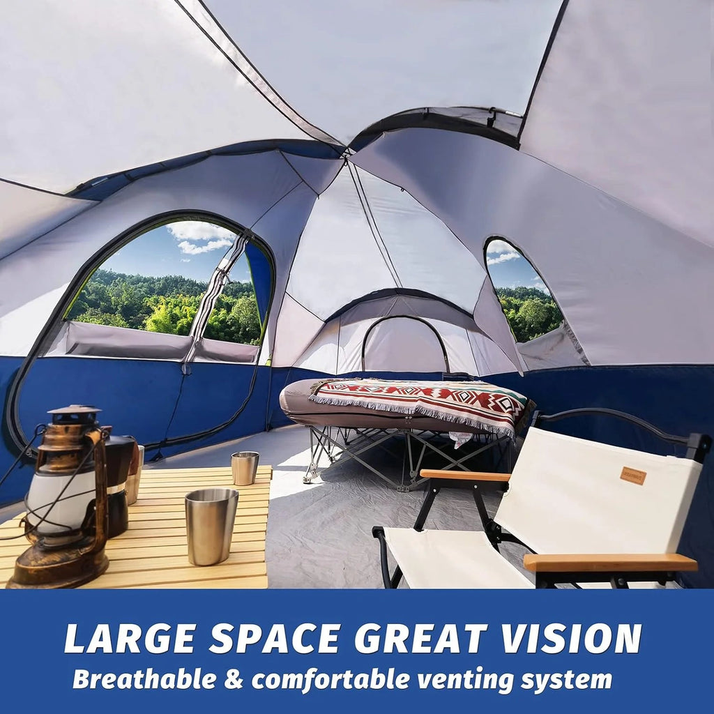 Camping Tent 10-Person-Family Tents, Parties, Music Festival Tent, Big, Easy Up, 5 Large Mesh Windows, Double Layer, 2 Room, Waterproof, Weather Resistant, 18ft x 9ft x78in