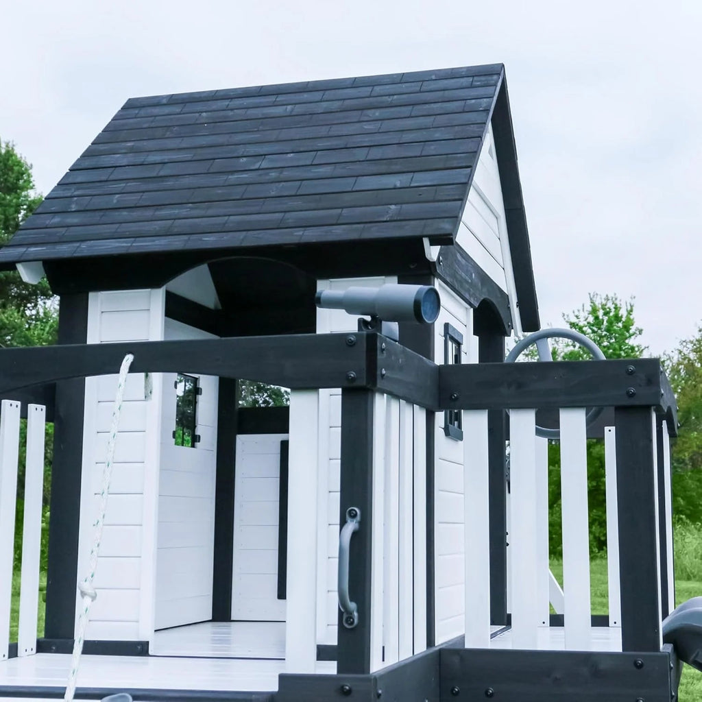 Backyard Discovery Canyon Creek Cedar Wood Swing Set with Wave Slide, Clubhouse, Play Kitchen, Picnic Area, Belt Swings, Web Swing, Rock Wall, Balconies, Playhouse, Step Ladder, Outdoor Playset