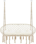 Hammock Chair Macrame Hanging Swing with Cushion,Hanging Cotton Ropes, Metal Frame, 450 lbs Capacity Indoor Outdoor, Patio, Balcony, Living,Deck, Yard, Garden(Double Swing) Beige